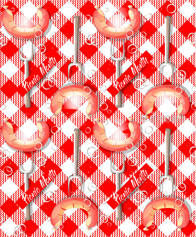 节日无缝图案野餐月在卡通风格。热香肠和洋葱圈在一根棍子上，背景是红白相间的格子野餐毯，桌布，格子。