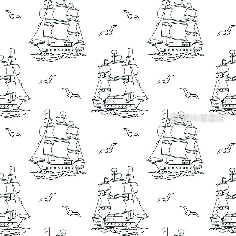 无缝图案，蓝色的海船，护卫舰，白色背景上海鸥的帆船。航海的背景
