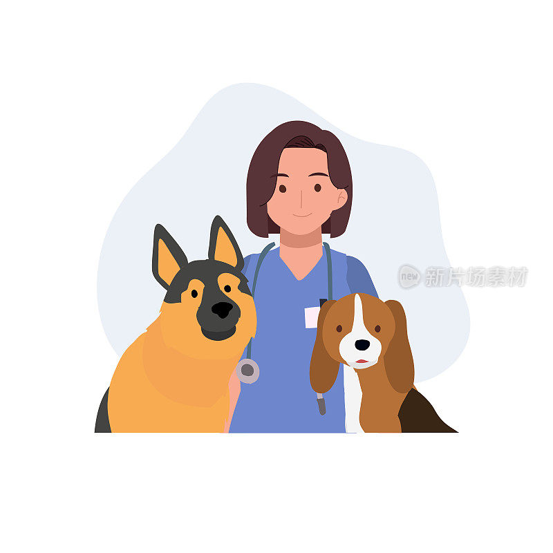 家畜治疗理念。微笑的兽医带着狗。快乐的女兽医。平面矢量卡通插图