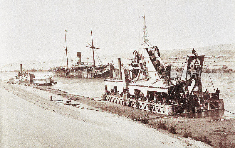 埃及，苏伊士运河，杜桑环道上的16号挖泥船，1880年