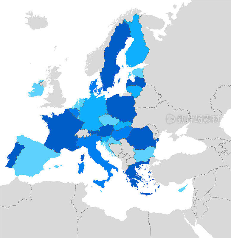 高度详细的欧盟蓝色地图，包括西班牙、葡萄牙、法国、德国、意大利、奥地利、克罗地亚、斯洛伐克、斯洛文尼亚、波兰、瑞典、芬兰、希腊、匈牙利、塞浦路斯的地区和国家边界