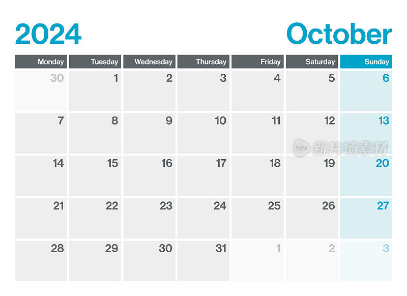 2024年10月-日历规划师。极简风格的景观水平日历2024年。向量模板。这一周从星期一开始