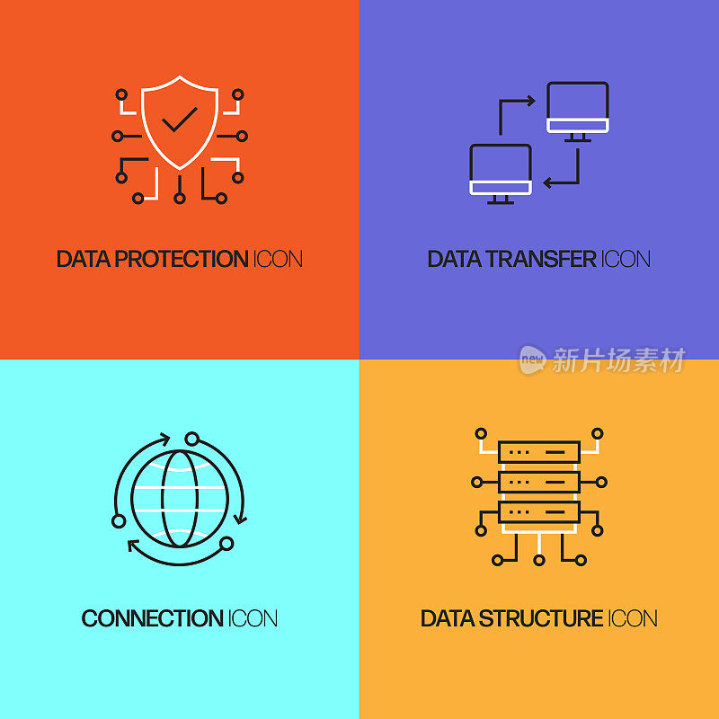 网络技术相关的矢量线图标。轮廓符号集合