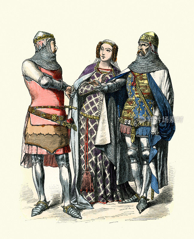 古典插画:身穿盔甲的英国骑士和14世纪的女士，中世纪时装