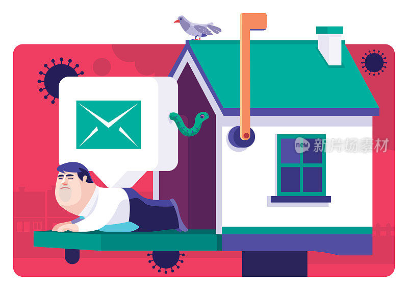商人躺在家里的邮箱和被困的电子邮件图标与蠕虫
