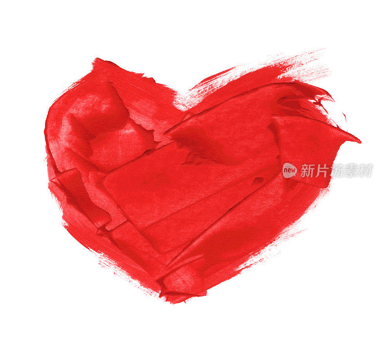 用一根宽扁棒涂上厚厚的红漆涂鸦心形画-抽象的爱情标志插图-用摩擦的油漆和独特的多层效果和纹理凌乱不平-白纸背景与孤立的物体