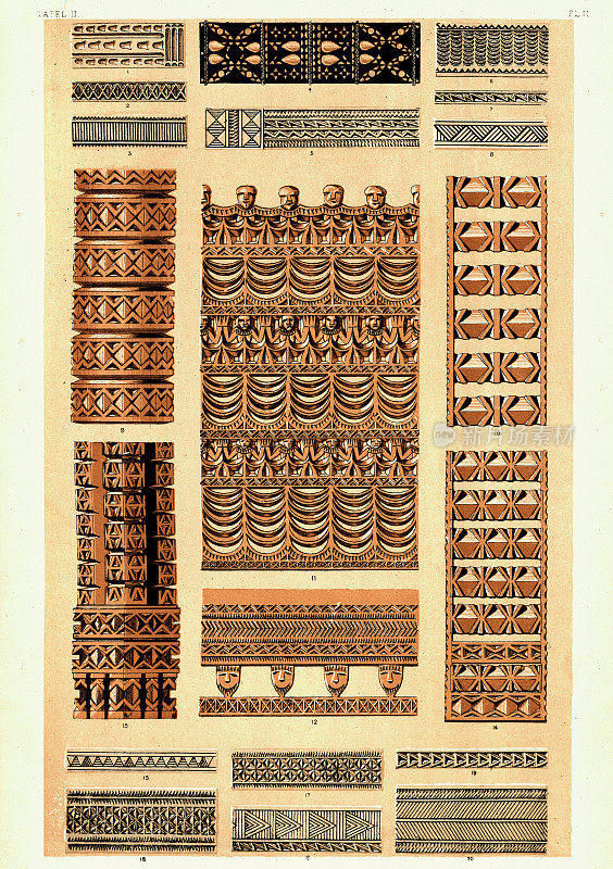 传统的波利尼西亚装饰艺术图案设计，木雕，19世纪，艺术