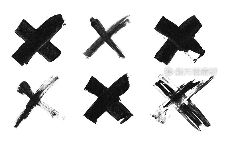 抽象插图与六个x标记-不均匀画交叉图标-不均匀的脏黑色线条画的丙烯酸油漆在白纸背景上-孤立的单一对象创建在矢量-原始股票插图