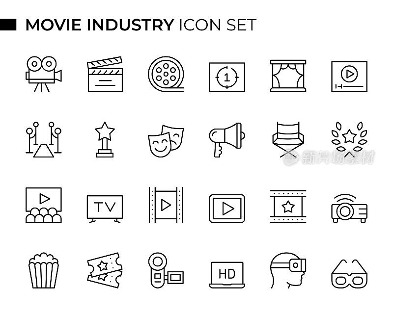 电影工业概念细线图标集包含诸如电影摄影机，电影卷轴，电影板，板板，电影导演，电影节，电影票，电影院等图标