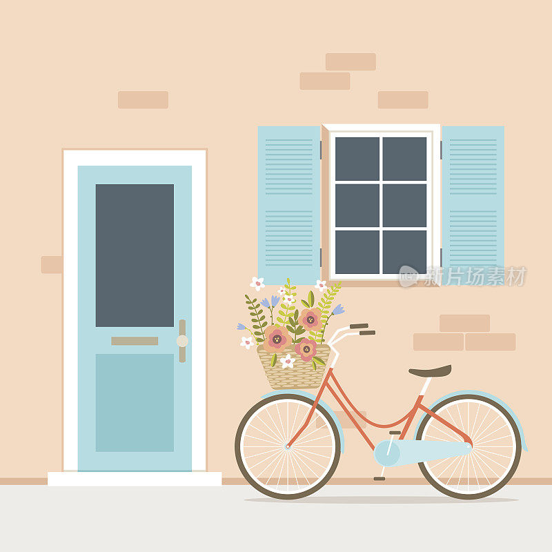 带花篮的自行车停放在屋前