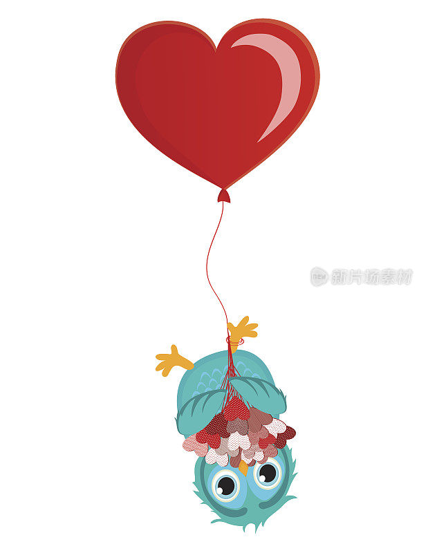 贺卡或生日或假日的请帖。挂着心形花束的猫头鹰倒挂在气球上。向量。为文字和广告留出空间