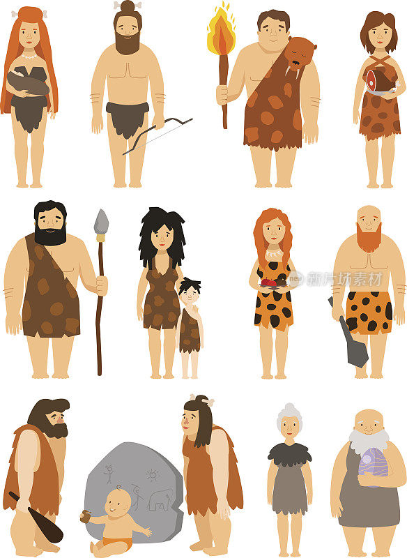 卡通原始人性格集向量原始人尼安德特人穴居人原始家族进化插图