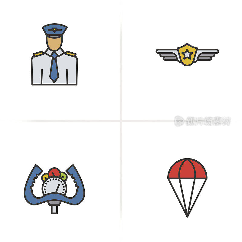 试点颜色图标集。飞行员标签、飞机操纵轮、降落伞符号。图标的概念。向量孤立的插图。