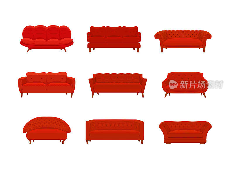 沙发和沙发红色彩色卡通插图向量集