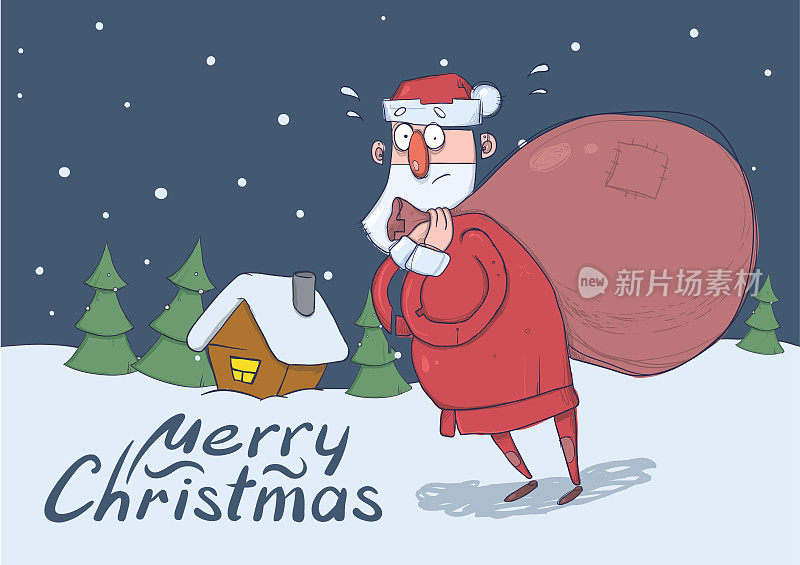 有趣的圣诞贺卡困惑的圣诞老人与大袋子在雪夜云杉前和节日的房子。水平向量插图。卡通人物。刻字。副本的空间。