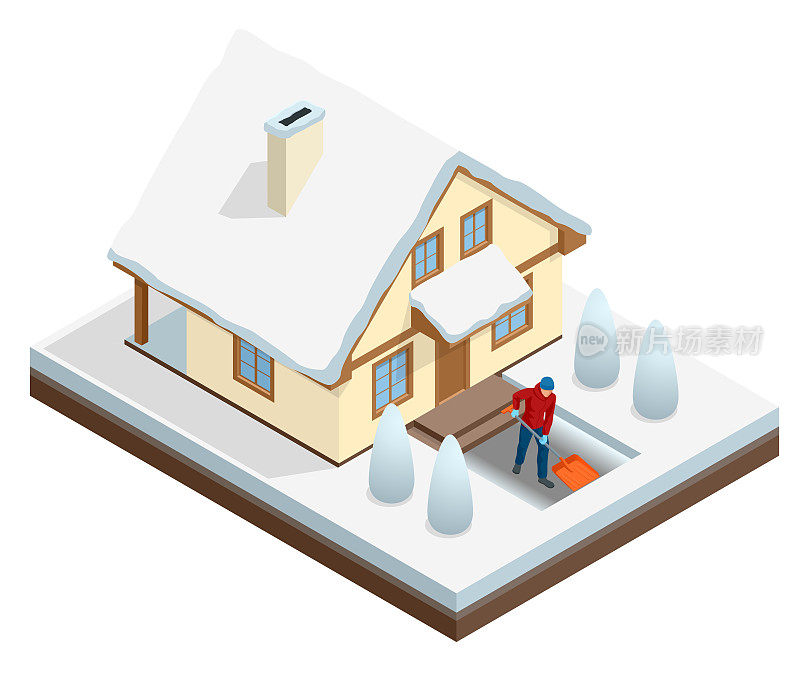 一名男子用铁铲清理自家后院的积雪。暴雪后城市。房子被雪覆盖。等距矢量图