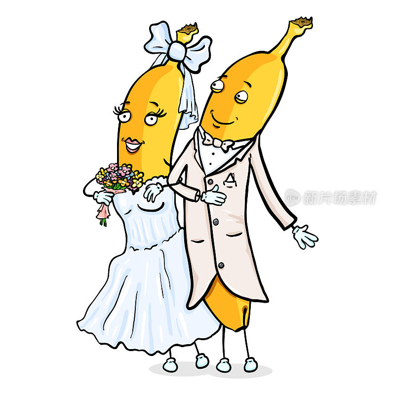 矢量卡通人物-香蕉刚结婚的夫妇。婚礼仪式。新郎和新娘。
