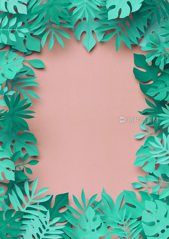3d渲染，纸艺术，热带棕榈叶，植物背景，彩色糖果颜色，热带自然，树叶框架，空白卡片模板