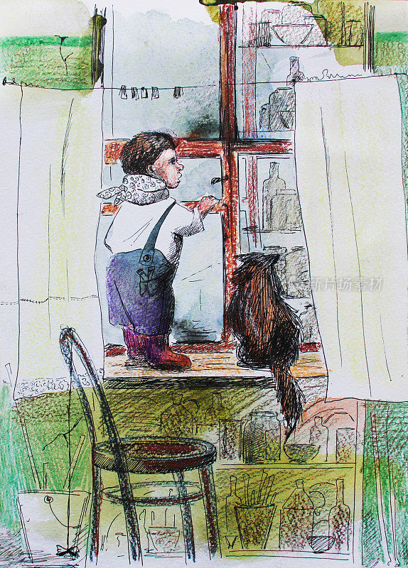 男孩和猫在窗台上，手绘插画