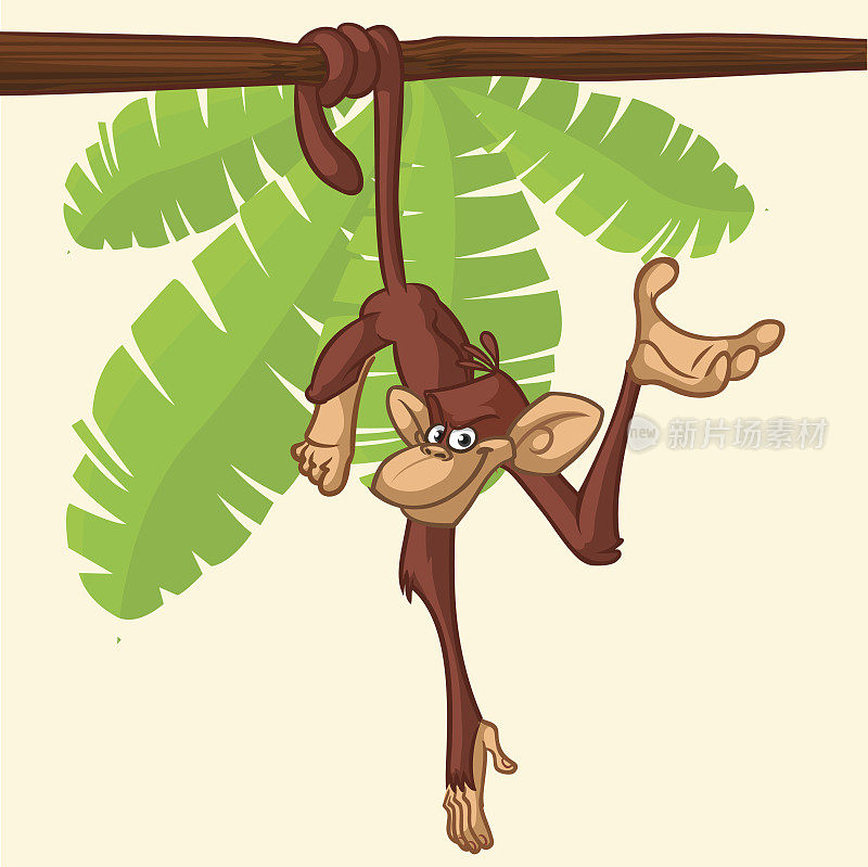 可爱的猴子黑猩猩挂在木树枝上，平明亮的颜色简化矢量插图