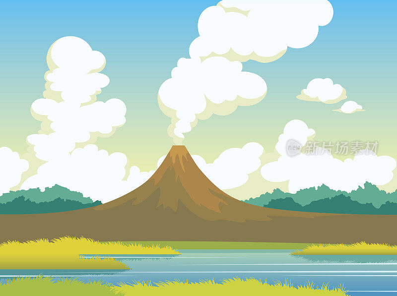 夏季景观-火山，湖泊，草地，云彩。