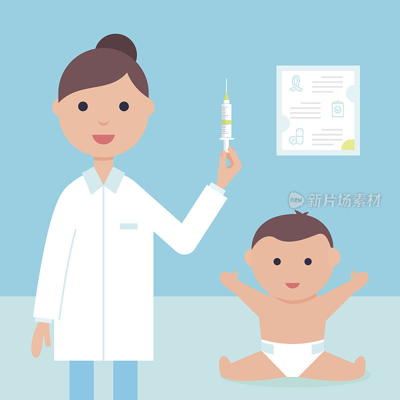婴儿和医生或护士拿着注射器。治疗、疫苗接种或免疫计划说明。矢量设计