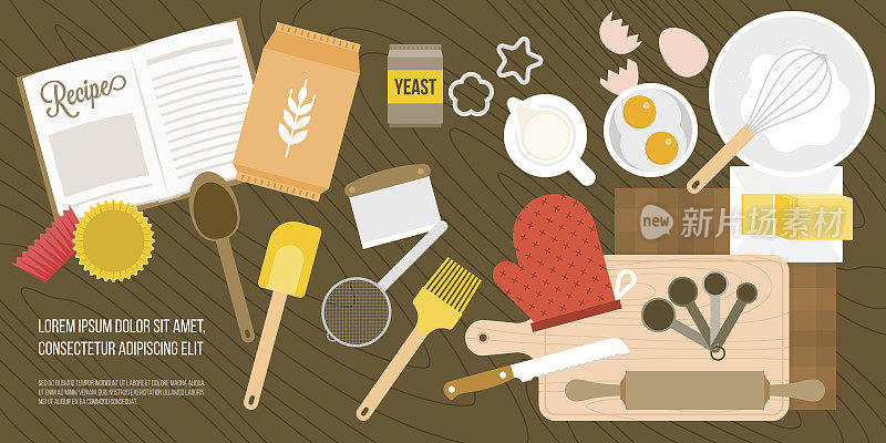 面包配料和器皿在俯视图，如鸡蛋，牛奶罐，面粉，搅拌器，测量勺木质背景，平面设计矢量的旗帜或海报