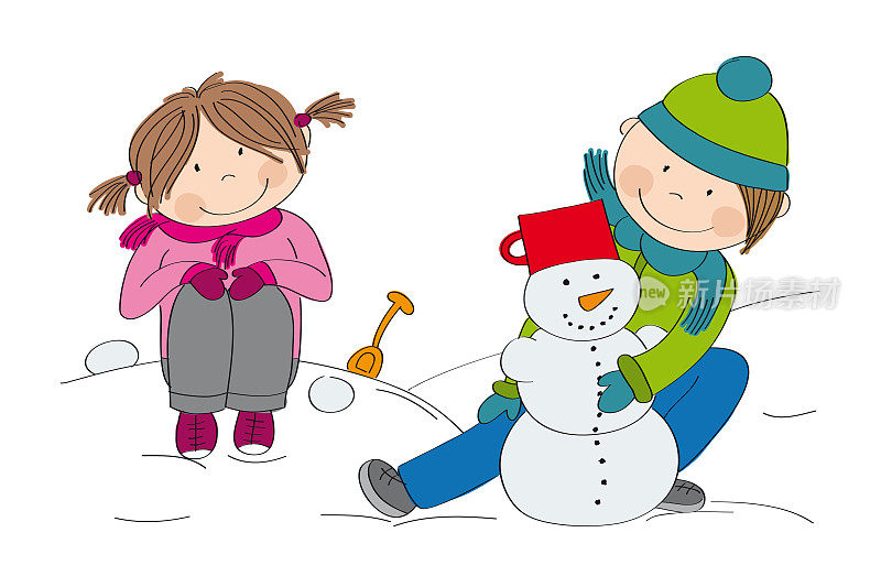 可爱的小男孩和小女孩在堆雪人，玩雪——原版手绘插画