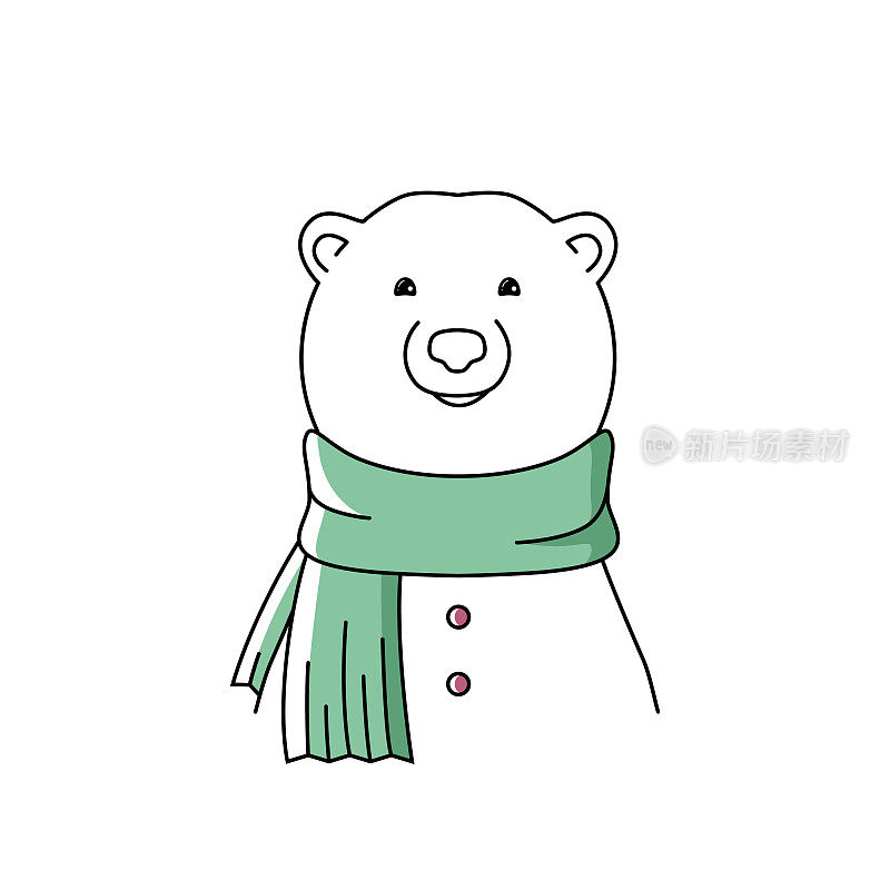 可爱的微笑北极熊与绿色温暖的围巾