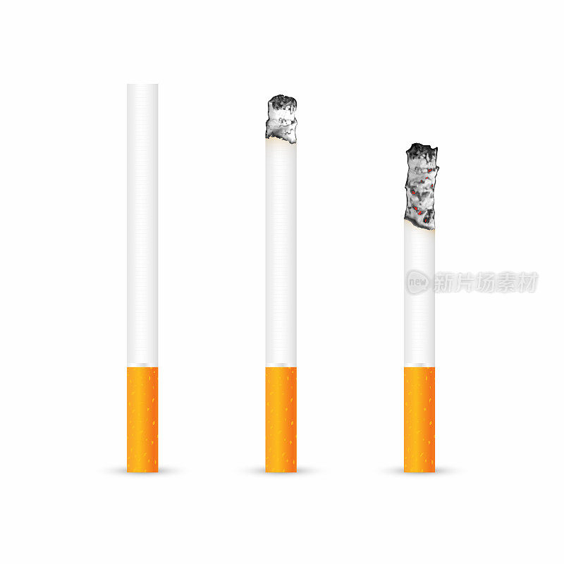 白色背景上有和没有烟灰的香烟。真实的阴燃香烟在不同的燃烧阶段