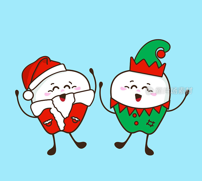 可爱的牙齿在西装圣诞老人和精灵。