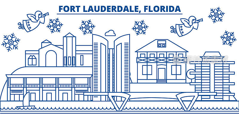 美国佛罗里达州劳德代尔堡冬季城市天际线。圣诞快乐，新年快乐的横幅装饰。冬天的贺卡上有雪花和圣诞老人。平,行向量。线性圣诞插图