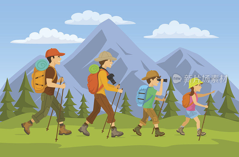 男人，女人，孩子，家庭徒步旅行徒步背包在山区森林卡通矢量插图