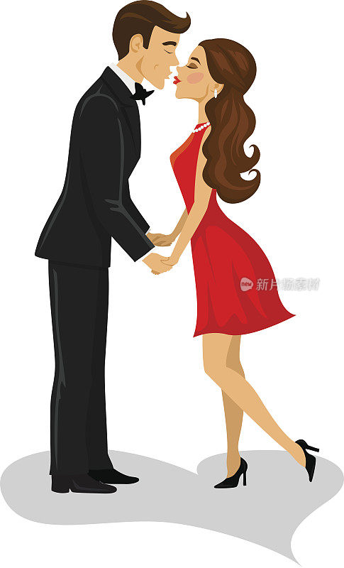 卡通男人和女人，浪漫的夫妇在晚上的服装亲吻，牵手