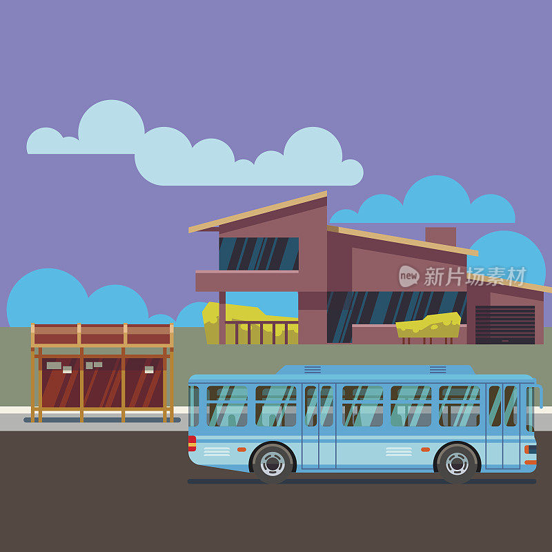 有公交车站和公交车的现代住宅。平面向量illustraion