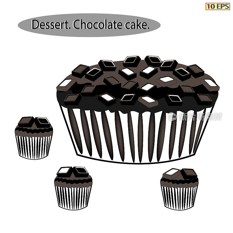 甜点，巧克力蛋糕配巧克力棒。Blakc图标。派和巧克力。巧克力蛋糕。烘焙,烘焙产品。矢量插图。