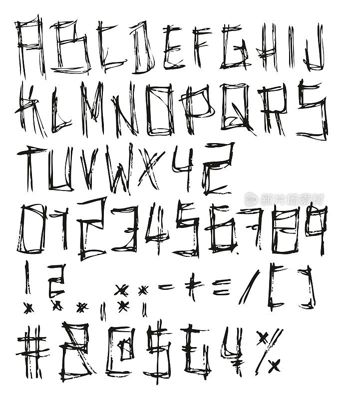 细笔涂鸦规则徒手矢量字体与大写字母，数字和符号