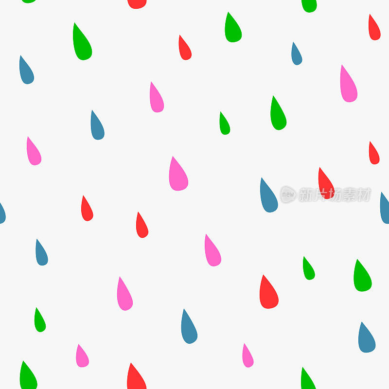反复的彩色雨滴。可爱的无缝图案与明亮的雨滴。无穷无尽的儿童印刷。灰色，红色，蓝色，绿色，紫色。