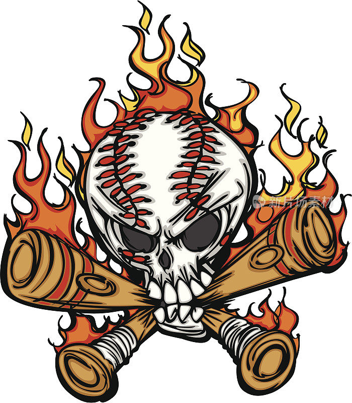 垒球，棒球头骨和蝙蝠燃烧的卡通形象