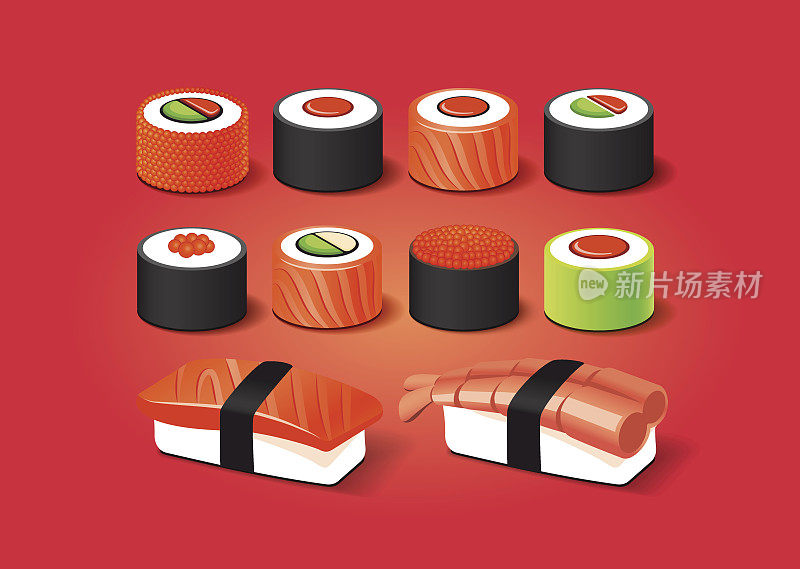 寿司和卷设置与现实的3d效果。日本的食物。