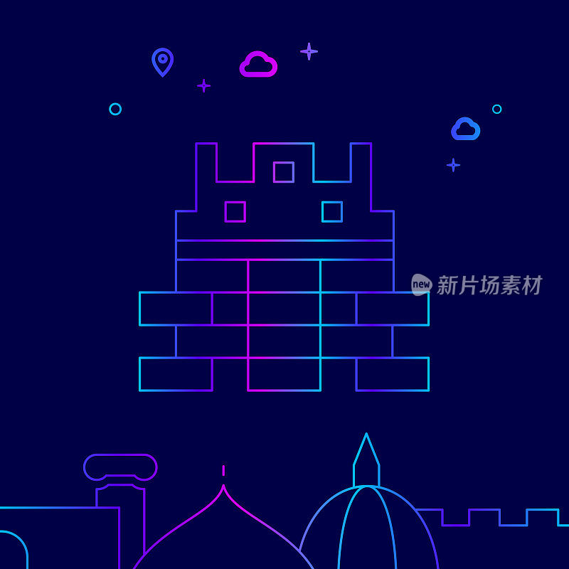 中国长城矢量线图标，插图在一个深蓝色的背景。相关的底部边界