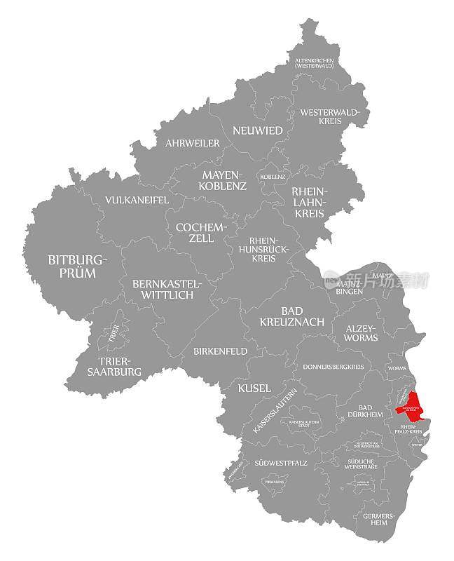 莱茵河畔路德维希港的红色在莱茵兰-普法尔茨地图上突出显示
