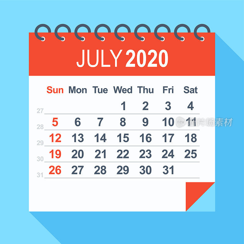 2020年7月-日历。周日开始一周