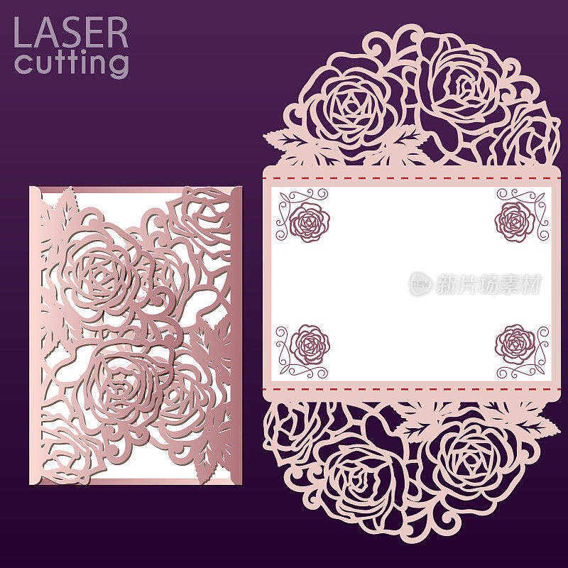矢量模激光切割信封模板与玫瑰花。婚礼蕾丝邀请模型。裁切纸栅折叠卡可用于激光切割或模切模板。
