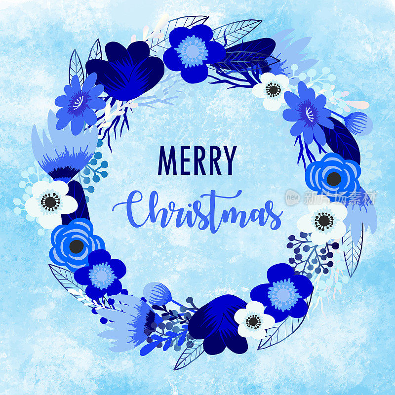 圣诞快乐花框架精致的叶子和浆果在水彩蓝色背景。几何植物矢量设计框架。圣诞、新年概念、设计元素。