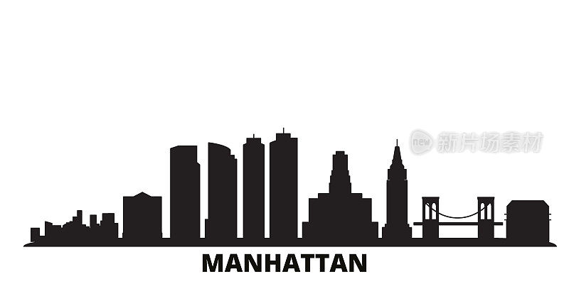 美国纽约曼哈顿城市天际线孤立矢量插图。美国纽约曼哈顿黑城风光旅游