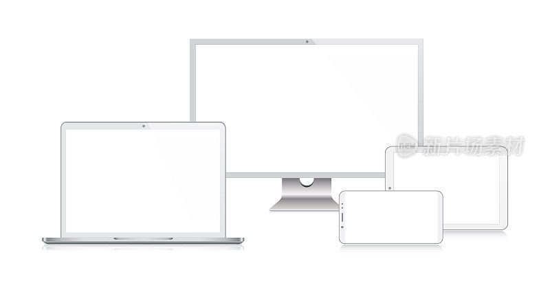PC显示器，电视，笔记本电脑，平板电脑，智能手机，手机在银色反射，现实的矢量插图