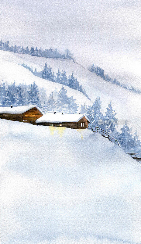 冬天的名片。雪山中的房子。