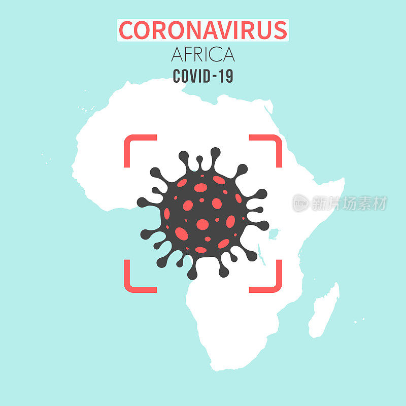 非洲地图，红色取景器中有冠状病毒细胞(COVID-19)
