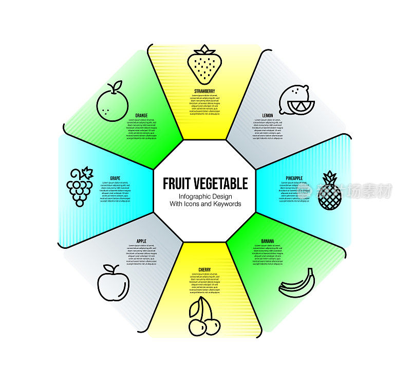 信息图表设计模板与水果蔬菜的关键字和图标